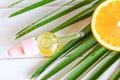 Top view of bottle of cosmetic skincare serum with dropper, orange and palm leaf. Citrus essential oil with Vitamin C Royalty Free Stock Photo