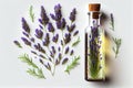 Top view of Bottle lavender oil and bunch lavender,(Created with Generative AI technology) Royalty Free Stock Photo