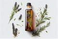 Top view of Bottle lavender oil and bunch lavender,(Created with Generative AI technology) Royalty Free Stock Photo