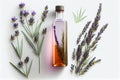 Top view of Bottle lavender oil and bunch lavender, (Created with Generative AI technology) Royalty Free Stock Photo