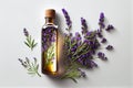 Top view of Bottle lavender oil and bunch lavender, (Created with Generative AI technology) Royalty Free Stock Photo