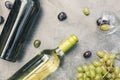 Top view of bottle red and white wine, green vine, wineglass and ripe grape on vintage dark stone table background. Wine Royalty Free Stock Photo