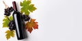 Top View Of Bottle Of Red Wine With Grapes And Autumn Leaves On White Background. Generative AI Royalty Free Stock Photo