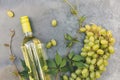 Top view of bottle white wine, green vine and ripe grape on vintage gray stone table background. Wine shop wine bar Royalty Free Stock Photo