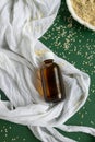 Top view of bottles with sesame seed essential oil Royalty Free Stock Photo