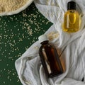 Top view of bottles with sesame seed essential oil Royalty Free Stock Photo