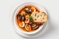 Top View Bouillabaisse On White Round Plate On White Background. Generative AI