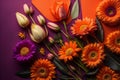 top view of bouquet of gerberas and tulips on purple background. ai generated
