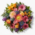 A top view of a bouquet of various colorful flowers. Isolated white background. AI Generated