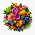 A top view of a bouquet of various colorful flowers. Isolated white background. AI Generated