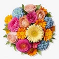 A top view of a bouquet of various colorful flowers. Isolated white background. AI Generated