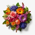 A top view of a bouquet of various colorful flowers. Isolated white background. AI Generated