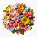 A top view of a bouquet of various colorful flowers. Isolated white background. AI Generated