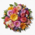 A top view of a bouquet of various colorful flowers. Isolated white background. AI Generated