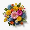 A top view of a bouquet of various colorful flowers. Isolated white background. AI Generated