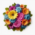 A top view of a bouquet of various colorful flowers. Isolated white background. AI Generated