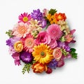 A top view of a bouquet of various colorful flowers. Isolated white background. AI Generated