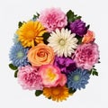 A top view of a bouquet of various colorful flowers. Isolated white background. AI Generated