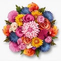 A top view of a bouquet of various colorful flowers. Isolated white background. AI Generated