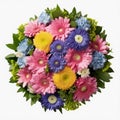 A top view of a bouquet of various colorful flowers. Isolated white background. AI Generated