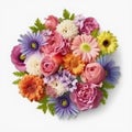 A top view of a bouquet of various colorful flowers. Isolated white background. AI Generated