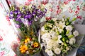 Top view of bouquets of fresh flowers. gift for holiday or anniversary