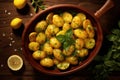 Top view bowl of baked greek potatoes, infused with zest of lemon and flavors of Mediterranean cuisine and drizzled with