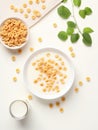 Top view of bowl of cereals with milk. Royalty Free Stock Photo