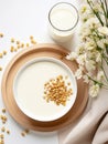 Top view of bowl of cereals with milk. Royalty Free Stock Photo