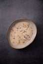 Top view of a bowl of creamy mushroom soup against a grey background with plenty room for a copy Royalty Free Stock Photo