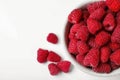 Top view of bowl with delicious ripe raspberries on white background Royalty Free Stock Photo