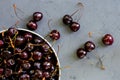 Top view of bowl full of ripe dark red cherries with stalks lying on grey background Royalty Free Stock Photo