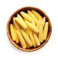 Top view of a bowl full of yellow corn cobs. Corn as a dish of thanksgiving for the harvest, a picture on a white isolated