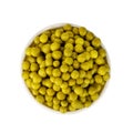 Top view of a bowl of green canned peas isolated on white Royalty Free Stock Photo