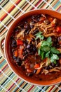 Top view a bowl of homemade chilli topped with cilantro leaves on a colorful table mat