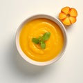 Top view of a bowl with pumpkin soup and basil leaves. Pumpkin as a dish of thanksgiving for the harvest, picture on a white Royalty Free Stock Photo