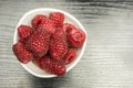 Top view of a bowl of red raspberries. Royalty Free Stock Photo
