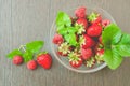 Top view of a bowl of strawberries and raspberries with mint leaves in a matte finish