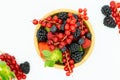 Top view of bowl with strawberries, redcurrants, blueberries and raspberries with berries outside the bowl. Concept of red fruits