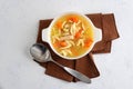 Top view bowl of turkey noodle soup