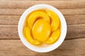 bowl of yellow peach syrup on wood background