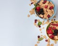 top view bowls fruit cereals. High quality photo