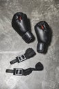 top view of boxing gloves with wrist wraps lying Royalty Free Stock Photo