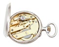 Top view of brass clockwork of retro silver watch