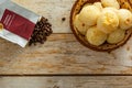 top view of brazilian cheesebread, or cheese bun with coffee Royalty Free Stock Photo