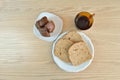 Top view of Brazilian typical coffee break with cake, bread and cup of coffee