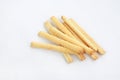 Top view bread sticks on white background