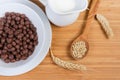 Top view of breakfast cereal chocolate balls and milk closeup Royalty Free Stock Photo