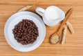 Top view of breakfast cereal chocolate balls and milk