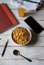 Top view breakfast cereal with fruit juice Royalty Free Stock Photo